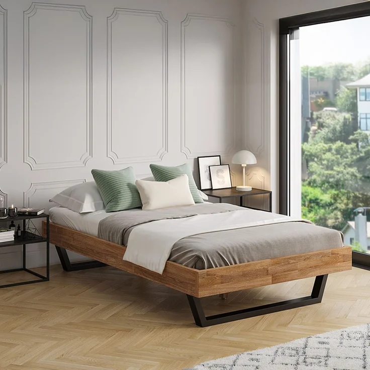 skølm 'Alver' Bett 120x200 cm, Bettgestell, natur geölt, Massivholzbett aus Eiche mit Metallkufen, Doppelbett ohne Bettkopf – Bild 1