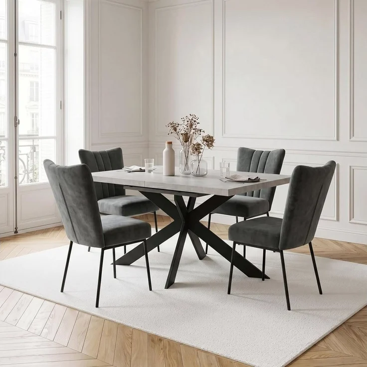 Jiexi Essgruppe Essgruppe: Ausziehtisch 130-170cm, X-Gestell, 4-6 Samtstühle – Bild 2