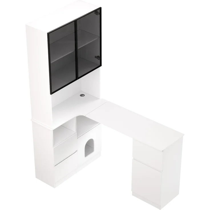 Eckschreibtisch mit Regal, LED-Vitrine & Haustierfach, 120x80x180 cm, Weiß – Bild 5