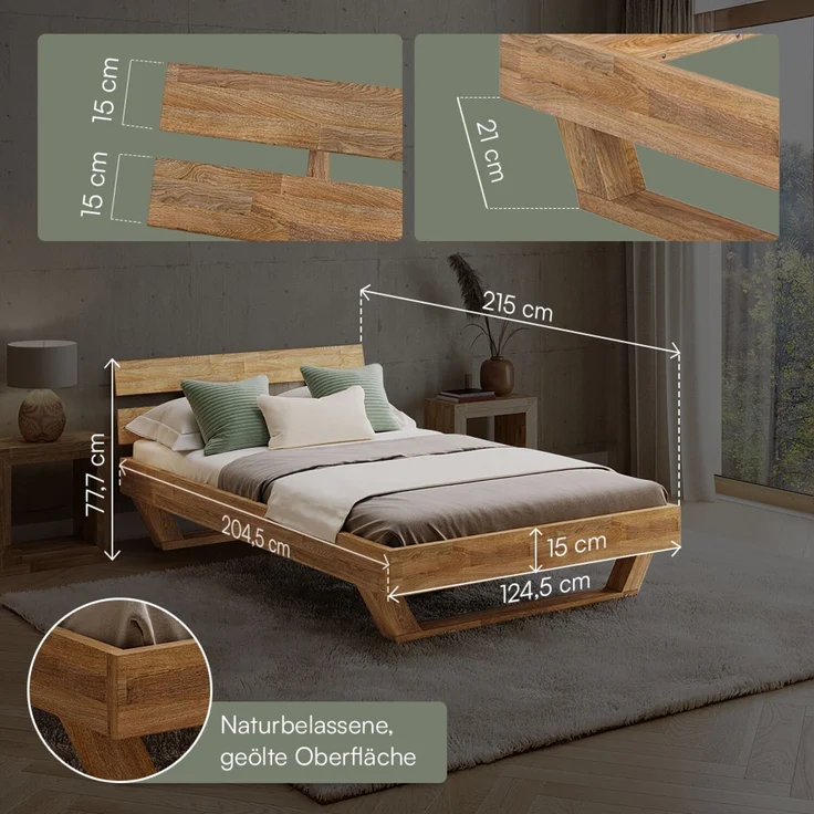 skølm 'Nornir' Bett 120x200 cm, Bettgestell, natur geölt, Massivholzbett aus Eiche mit Holzkufen, Doppelbett mit Streben Bettkopf – Bild 6