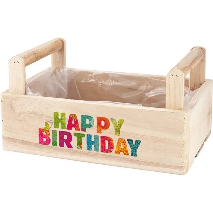 Herz & Heim Geschenkbox aus Holz zum Befüllen mit buntem "Happy Birthday" Aufdruck