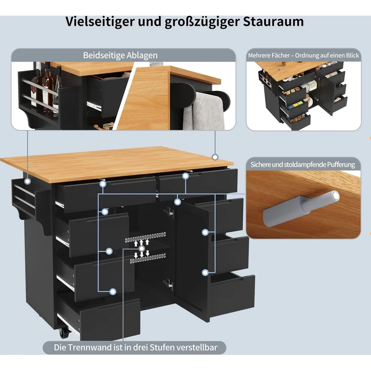 Kücheninsel mobil ausklappbare Tischplatte 122 cm mit 8 Schubladen Rollen Spanplatte,Schwarz & Holzoptik – Bild 4