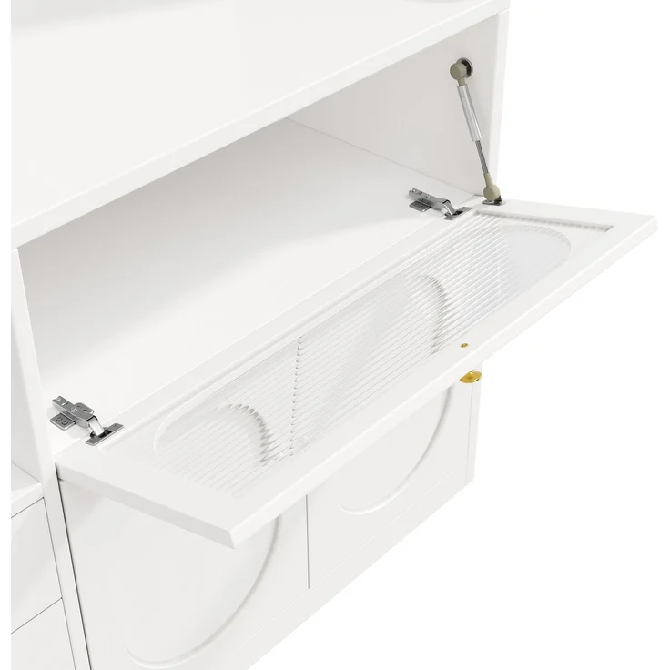 EINHOM Hochküchenschrank 120 cm mit App-gesteuerter RGB-LED, Glasschiebetüren, Weinregal & Klapptüren nach oben, 3 Schubladen, Weiß/Schwarz, Weiß – Bild 6