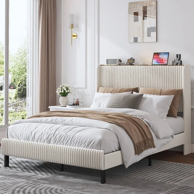 STILVORA Polsterbett 140x200 mit Stoffköpfchen,Jugendbett Bettgestell aus Cord-Stoff – Bild 2