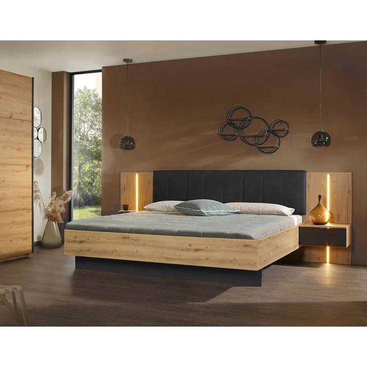 rauch Bettanlage Bett Doppelbett Komfortbett Funktionsbett APOLLON, (3-tlg, Liegefläche 180x200, optional mit Bettbank und Stauraum), Polster-Kopfteil in Lederoptik black, mit Beleuchtung MADE IN GERMANY – Bild 1