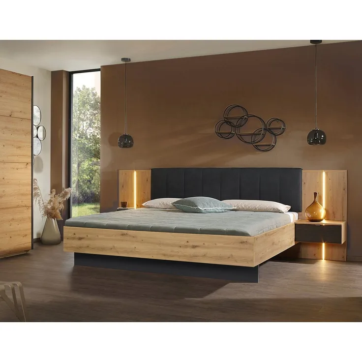 rauch Bettanlage Bett Doppelbett Komfortbett Funktionsbett APOLLON, (3-tlg, Liegefläche 180x200, optional mit Bettbank und Stauraum), Polster-Kopfteil in Lederoptik black, mit Beleuchtung MADE IN GERMANY