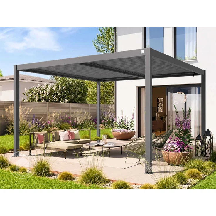 PRIMEYARD Pergola 4x4 m Aluminium-Pfosten mit Lamellendach aus Stahl graue Terrassenüberdachung – Bild 1