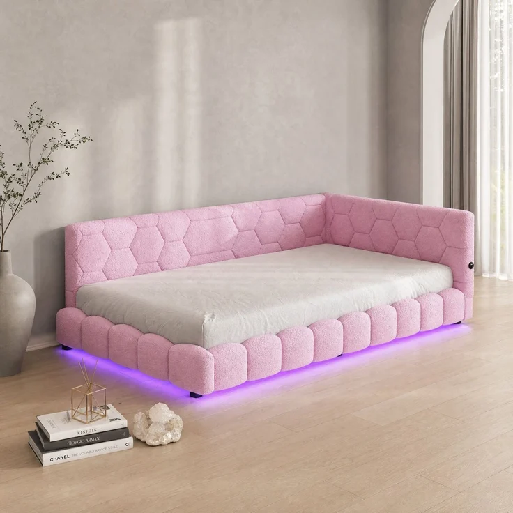 CHICFURN Bett aus Vliesimitat in Rosa 90x200 cm mit LED-Beleuchtung und USB- und Type-C-Anschlüssen – Bild 3