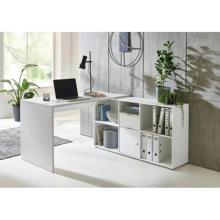BMG Möbel Eckschreibtisch Lena (mit abschließbarer Tür, Computertisch, Winkelschreibtisch, Homeoffice, Bürotisch), Made in Germany