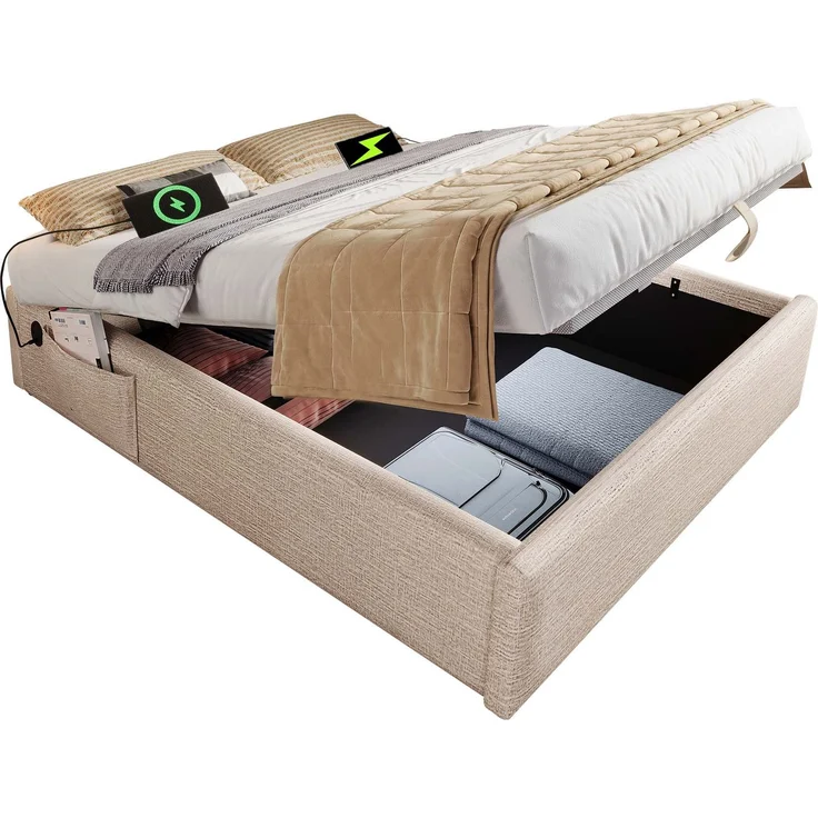 Polsterbett Doppelbett 140×200 cm, Struraumbett Bettgestell mit USB- C und Vollflächiger Lattenrost, Ohne Kopfteil, Leinen, Natürlich – Bild 10