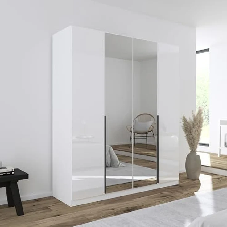 Rauch Möbel Alabama, Kleiderschrank, Garderobenschrank, 4-türig, Spiegel, Zubehör Basic, 2 Kleiderstangen, 2 Einlegeböden, Farbe Hochglanz Weiß/Weiß, Griff Grau metallic, 181 x 210 x 54 cm – Bild 2