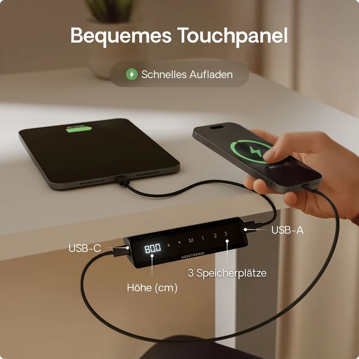 Desktronic HomeOne Elektrisch höhenverstellbarer Schreibtisch 120x60cm Grau/Weiß mit Memory-Funktion, Anti-Kollisions Technologie, USB-A und USB-C-Ladeanschlüssen – Bild 6