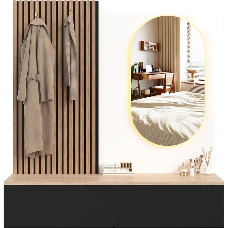 Flurgarderobe 140x38x150 cm mit LED-Spiegel, 2 Schubladen und Haken – Bild 6