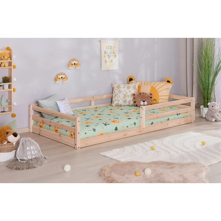 Ticaa Kinderbett, Neo Hausbett Bodenbett mit Rausfallschutz 150kg, inkl. Lattenrost & abnehmbarem Rausfallschutz, 90x200, Natur – Bild 1
