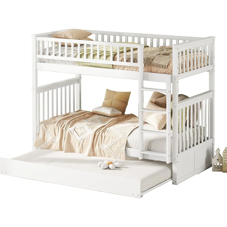 Etagenbett 90x200 cm mit Ausziehbett und Treppe, Kinderbett mit hoher Absturzsicherung,abnehmbares Massivholzbett mit stabilem Rahmen,Weiß – Bild 8