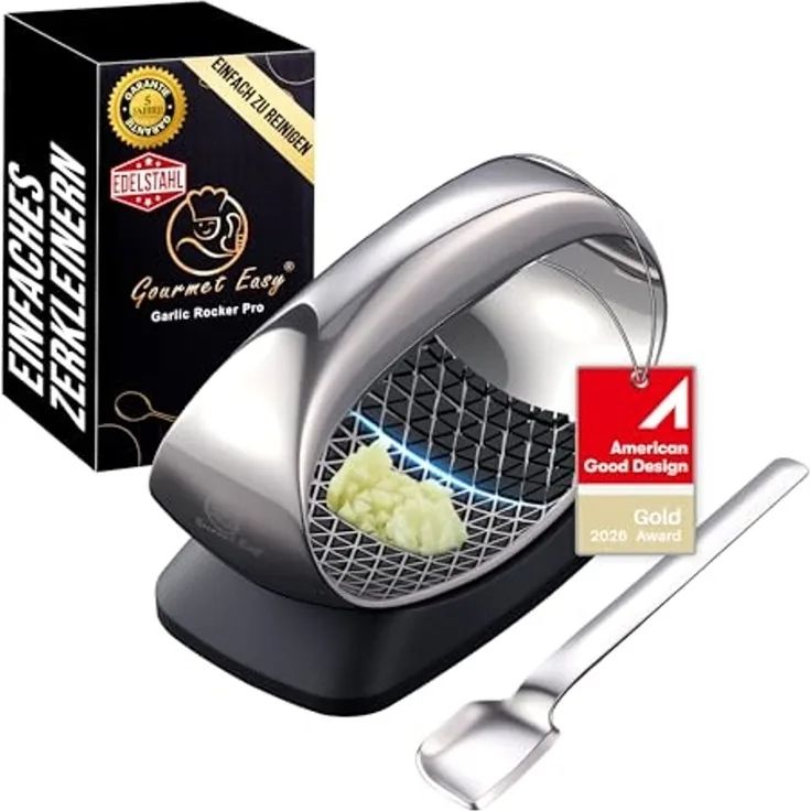 Knoblauchpresse (Wippe) aus Edelstahl mit Auswurf-Basis + Schaber-Löffel