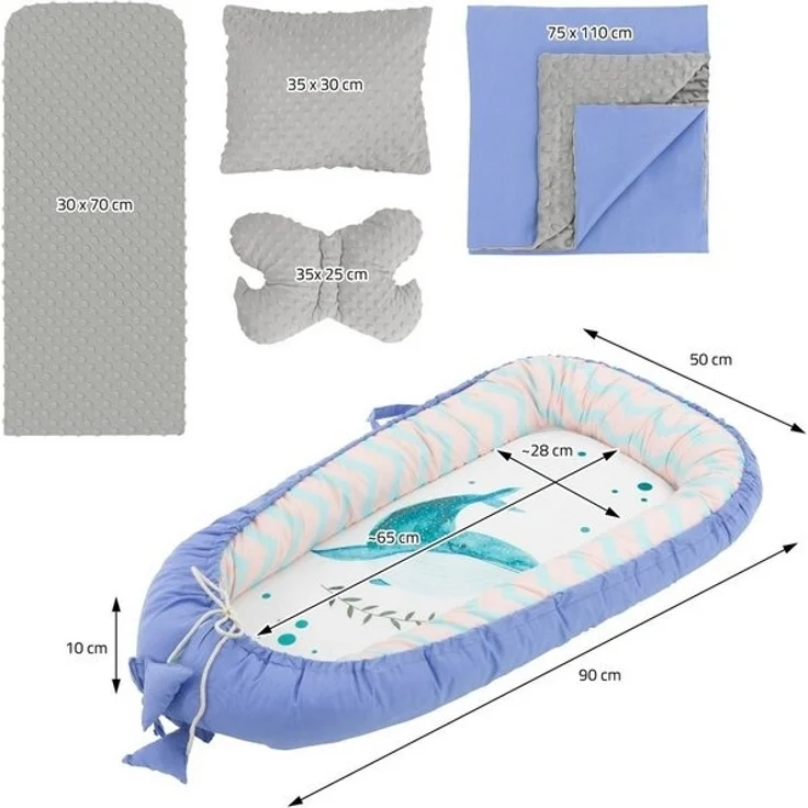 Joyz Babybett Baby Nestchen mit Muster aus Baumwolle waschbar bei 40 Grad, 5-tlg, Babynest 5 teilig Wal mit Blauem Minky 90x50cm Baumwolle – Bild 4