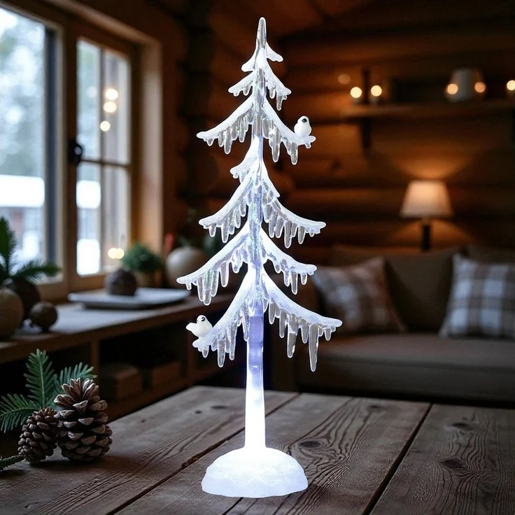 formano LED Weihnachtsbaum Acryl 25 cm Dekobaum mit Licht & Vogel – Winterdeko mit Schnee-Effekt & Eiszapfen – stilvolle Weihnachtsdeko batteriebetrieben – klare Deko für Tisch & Fenster – Bild 3