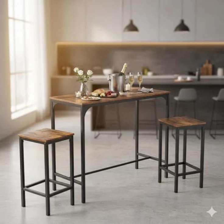 FurnitureR Bartisch mit Barhocker Set, Bartisch Küche mit 2-Hockern, Industrieller Stil, Geeignet für Küche, Esszimmer, Wohnzimmer, Pub, Bartisch 80 x 50 x 90 cm, 2 Barhocker 40 x 30 x 65 cm – Bild 7