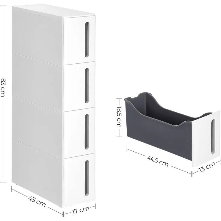 Songmics schmaler Rollwagen mit 4 Schubladen, ausziehbar, PP-Kunststoff, weiß-grau, 45 x 17 x 83 cm – Bild 5