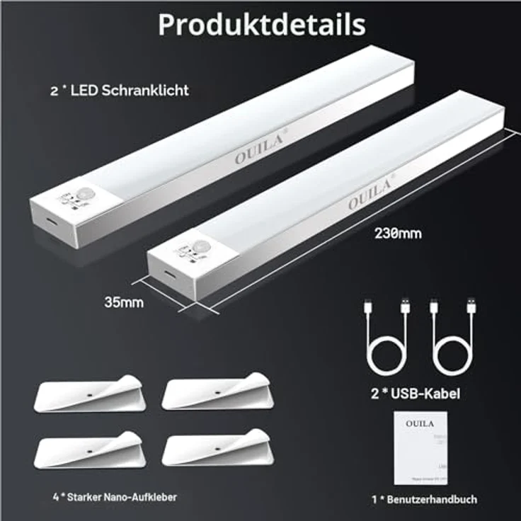 OUILA Schrankbeleuchtung LED mit Bewegungsmelder 2 Stück Schranklicht Schrankleuchte Led Leiste Batterie USB Wiederaufladbar Unterbauleuchte Küche für Kleiderschrank, Treppe, Kofferraum, RV – Bild 7