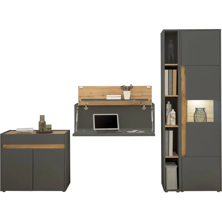 Büromöbel Set Center in grau matt und Eiche Wotan 290 cm