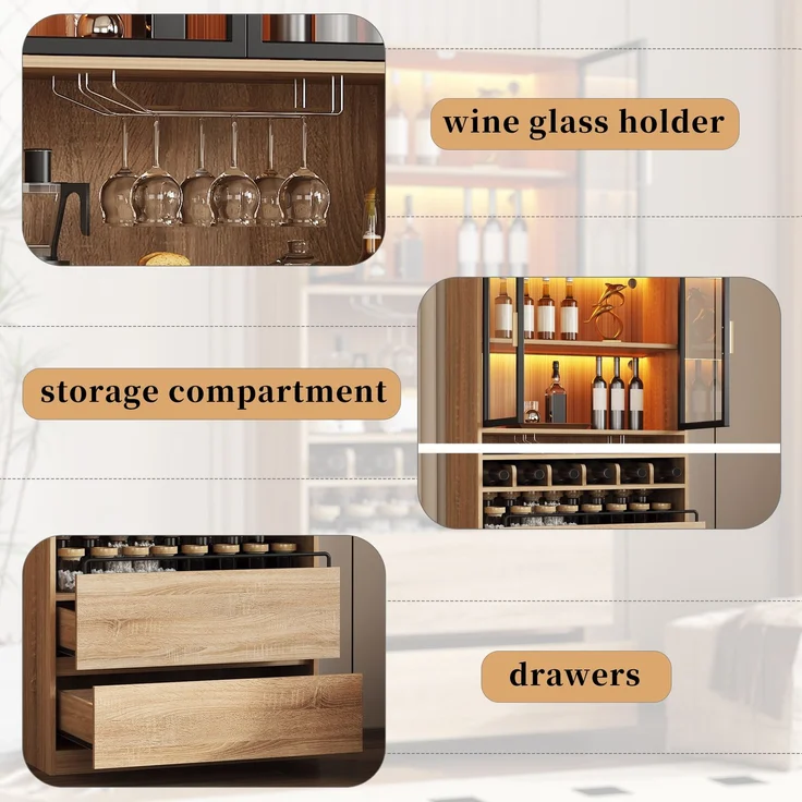 Badezimmerschrank,Spirituosenschrank,Vitrine Vitrinenschrank mit Glastüren und Beleuchtung 180 CM--Natürlich1--80x40x180cm--YOUDENOVA – Bild 10
