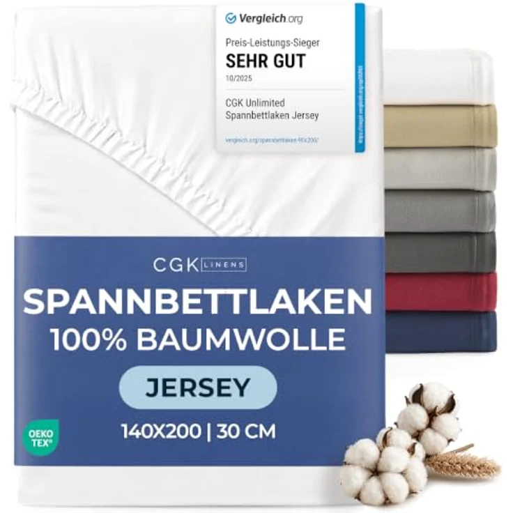 CGK Unlimited Spannbettlaken Jersey 140x200 cm, 100% Baumwolle, atmungsaktiv und wärmend, Rundumgummi, Oeko-Tex zertifiziert, Weiß – Bild 1