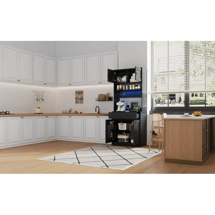 U-life Küchenschrank, fürs Wohnzimmer, Hochschrank mit LED, Küchenregal mit Steckdose, Gewürzregal, Durchdachtes Stauraumkonzept, MDF, Schwarz – Bild 10