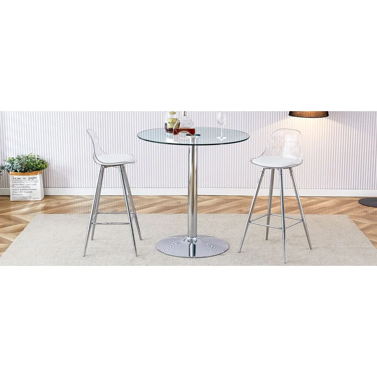 Flexibles Bar-Set: Runder Glastisch mit 89 cm Durchmesser + 2 Barhocker mit silbernen Beinen.• Transparente Optik • Vielseitig einsetzbar •Schafft visuelle Weite und spart Platz, Flexibles Bar-Set: Runder Glastisch mit 89 cm Durchmesser + 2 Barhocker m... – Bild 7
