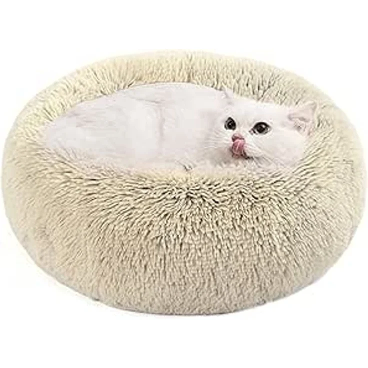 Feandrea Hundebett flauschig, Katzenbett, Donut Kissen, waschbar, Polsterung in der Mitte herausnehmbar, langer Plüsch, 50 cm Durchmesser, Ombré-Khaki – Bild 1