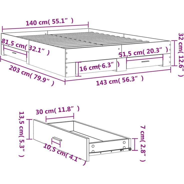 vidaXL Bettgestell mit Schubladen Räuchereiche 140x200cm Holzwerkstoff 3280388 – Bild 10