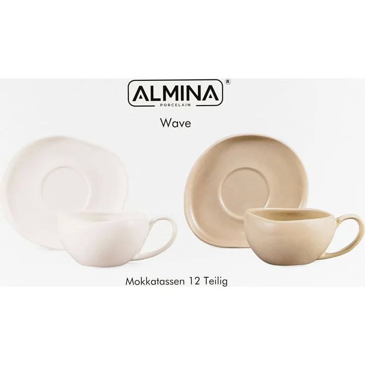 Wave Biscuit Mokkatassen mit Untertellern - 12-teiliges-Set in Beige – Bild 5