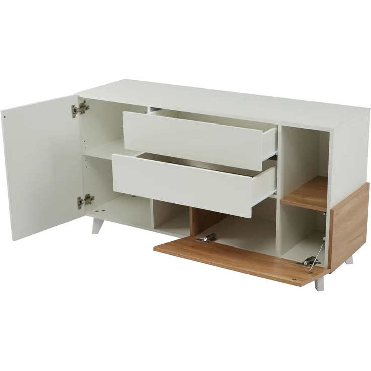 DESVIAE Sideboard mit 2 Schubladen und Klapptür, 130x70x40 cm, Spanplatte, Weiß Hochglanz/Helle Eiche – Bild 8