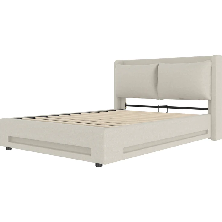 LVHOM Polsterbett 140x190cm mit LED&USB, Doppelbett mit Stauraum, Stauraumbett mit abnehmbaren Kissen, Bettgestell Massiv, Samtstoff, Beige – Bild 10