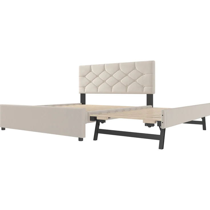Polsterbett mit Ausziehbett, Samt & MDF, 140x200 cm, Beige, ohne Matratze – Bild 9