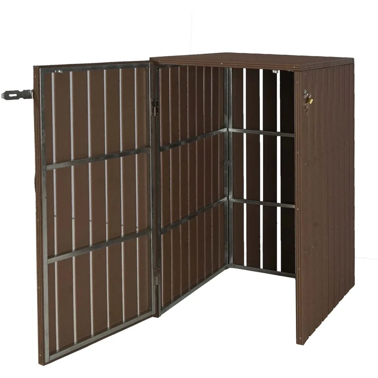 XL 1er-/2er-WPC-Mülltonnenverkleidung HWC-J28, Mülltonnenbox, Metall Holzoptik, erweiterbar ~ braun – Bild 7
