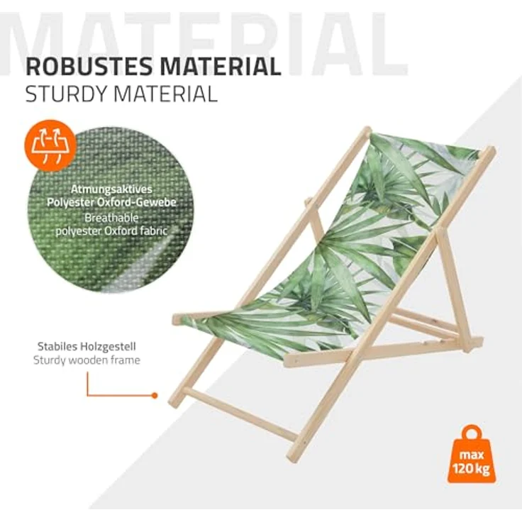 ECD Germany Gartenliege Holz Liegestuhl, 2er Set klappbare Strandliege mit 3-fach verstellbarer Rückenlehne, Grün-Weiß mit Palme – Bild 9