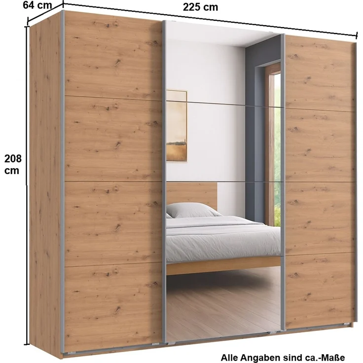 Schwebetürenschrank Kleiderschrank B225 cm H208 cm 3-türig Eiche Artisan Dekor, 1x Spiegeltür – Bild 5