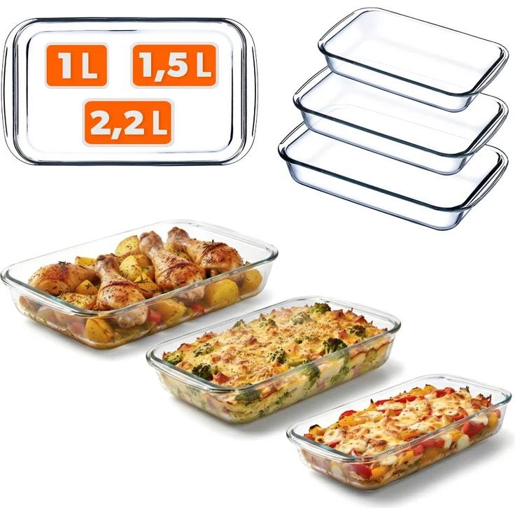 KADAX rechteckige Auflaufform aus Glas, 3-delig, Spülmaschinenfeste Gasbackformen (2.2 + 1.5 + 1 L) – Bild 1
