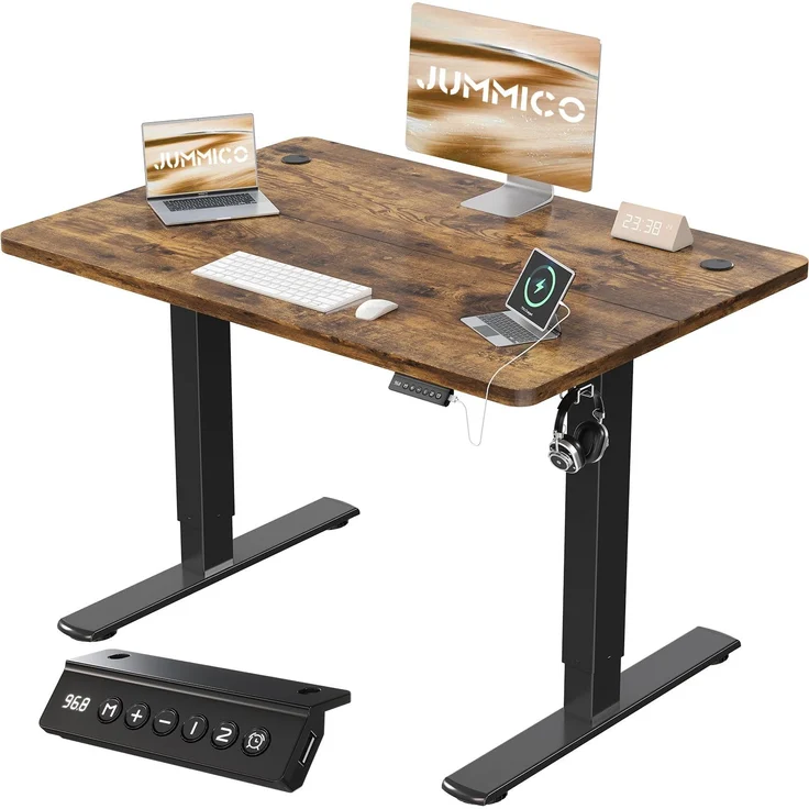 JUMMICO Schreibtisch elektrisch höhenverstellbar mit USB-Ladeanschluss, Braun, 80x60 cm
