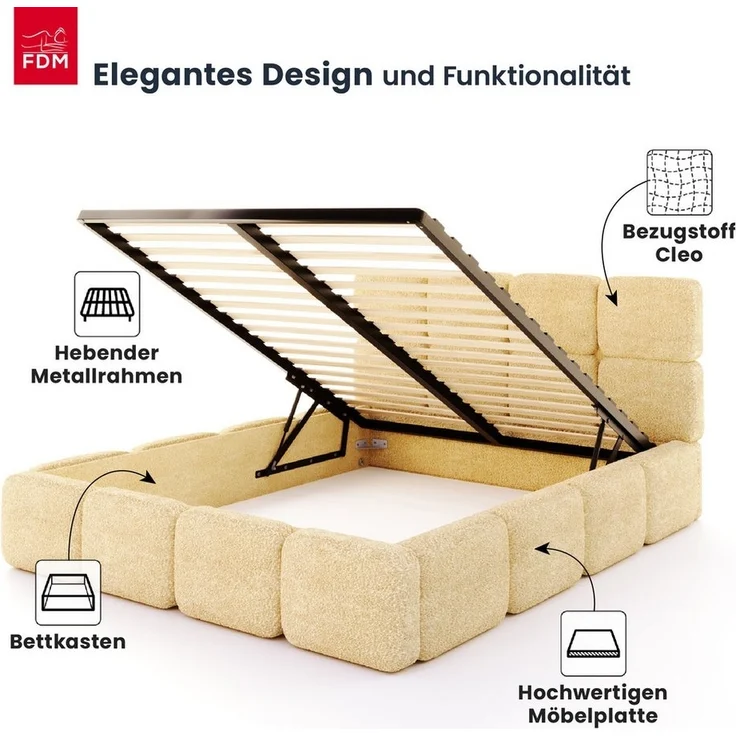 FDM Polsterbett CLOUDY Bettgestell Bett 140x200, 160x200, 180x200 cm Bestseller (verfügbar 140x200 160x200 180x200cm, Bettrahmen, Bett, mit großen gepolsterten Kopfteil, mit Bettkasten zum aufklappen), Hebbarer Metallrahmen, Bettkasten, ohne Matratze – Bild 2