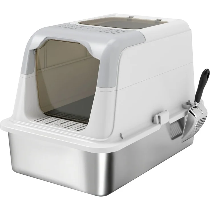 Katzentoilette mit Edelstahltablett, Doppel-Einstieg, 60,4x40,4x41,8 cm, Weiß – Bild 1