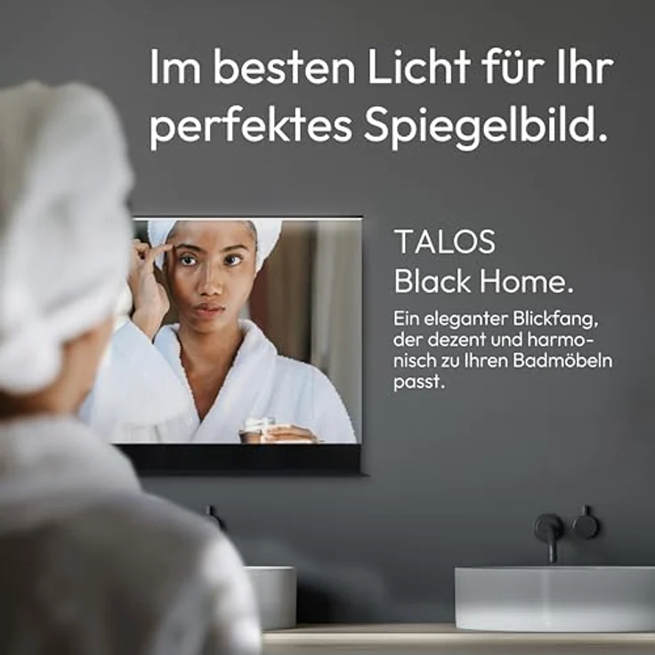 Talos Badspiegel Black Home, 80 x 60 cm mit energiesparender LED Beleuchtung, spritzwassergeschützt IP44 und praktischer Ablage – Bild 2