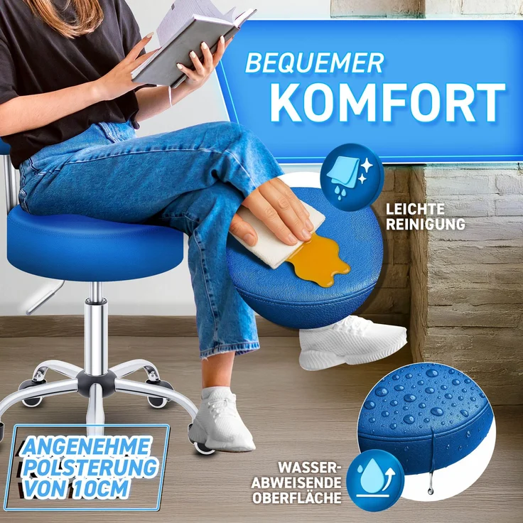 TRESKO Rollhocker Blau mit Lehne Arbeitshocker Hocker Drehhocker Kosmetikhocker Praxishocker – Bild 3