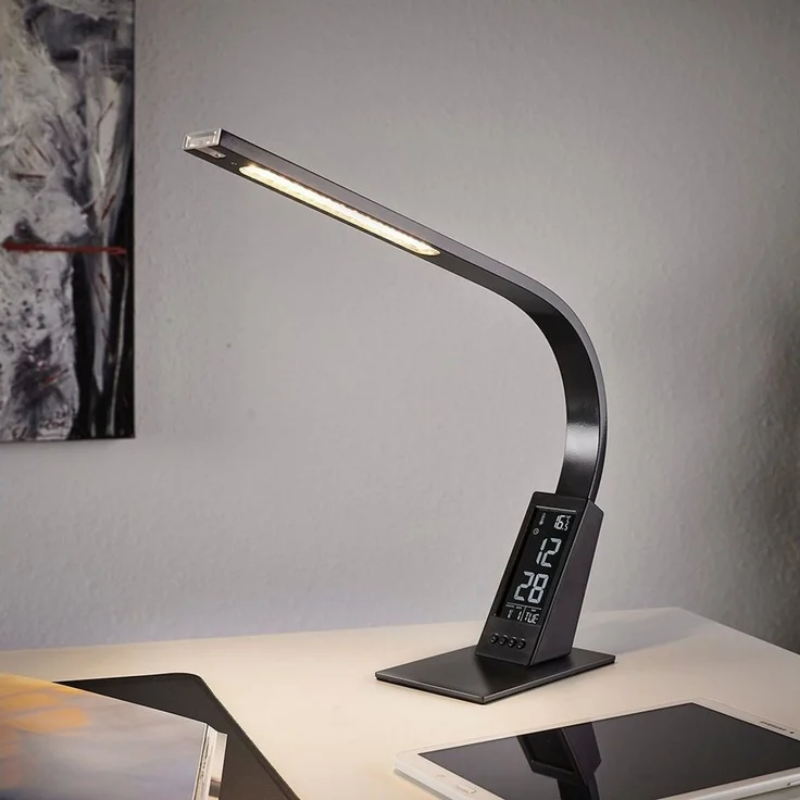 MeLiTec LED Schreibtischlampe T153, warmweiß, LED, Nachttischleuchte, Schreibtischleuchte, LCD-Uhr, Lampe, Wecker, anthrazit – Bild 1