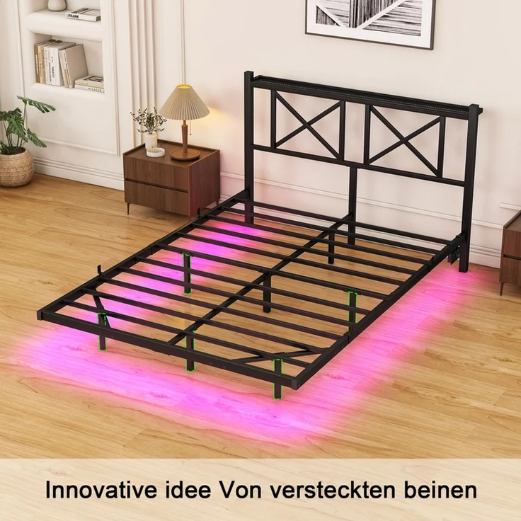 Homerecommend Schwebebett 120x200 cm, Bettrahmen mit LED-Beleuchtung, Steckdose und 2 USB-Anschlüssen, Vintage Schwarz – Bild 10