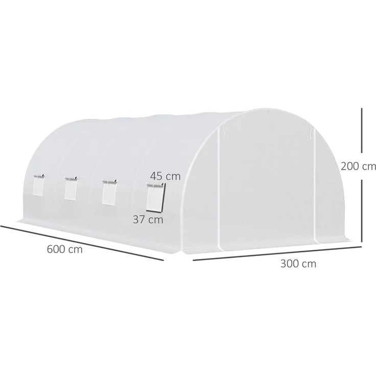 Wohnora-Tunnelgewächshaus, 18 m² Grundfläche, 6 m L x 3 m B x 2 m H, verstärkter Rohrrahmen (24 mm), 8 Fenster, weiß,H 2000cm x T 1550cm x B 3000cm – Bild 4