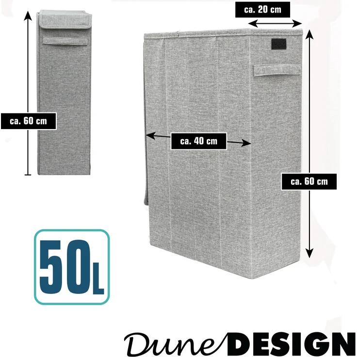 DuneDesign 50L Wäschekorb mit Deckel 20 x 40 x 60 cm Wäschesammler Schmal Grau ohne Druck, 20 x 60 x 40 cm – Bild 5