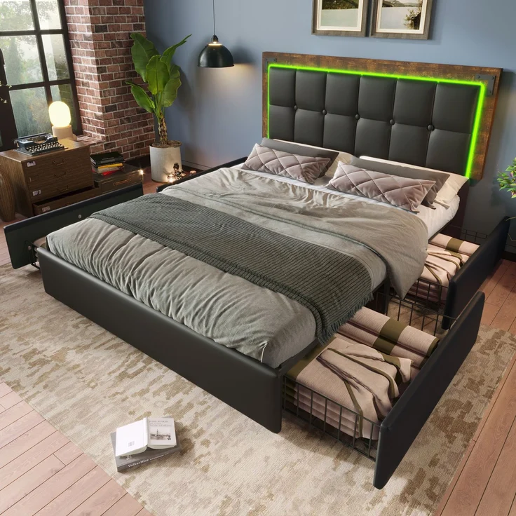 Einzelbett 160x200 cm mit LED-Beleuchtung, 4 Schubladen, höhenverstellbares Kopfteil, Luxus-Kunstleder Schwarz,inklusive Matratze – Bild 4